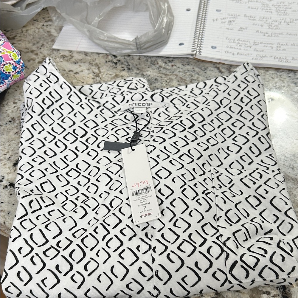 Chico's White Blouse with Black Geometric Pattern